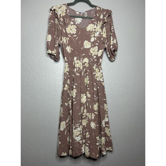 Calista Mauve Cream Floral Midi Dress Pockets Ruffle Detail FeminineSize Medium - Picture 1 of 8